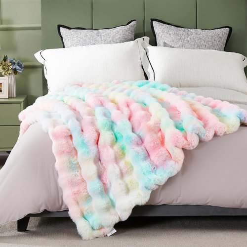 DREAMNINE Soft Faux Bubble Rabbit Fur Throw Blanket - Cozy Colorful Fuzzy Blanket for Couch | 50x60 Inches, Rainbow
