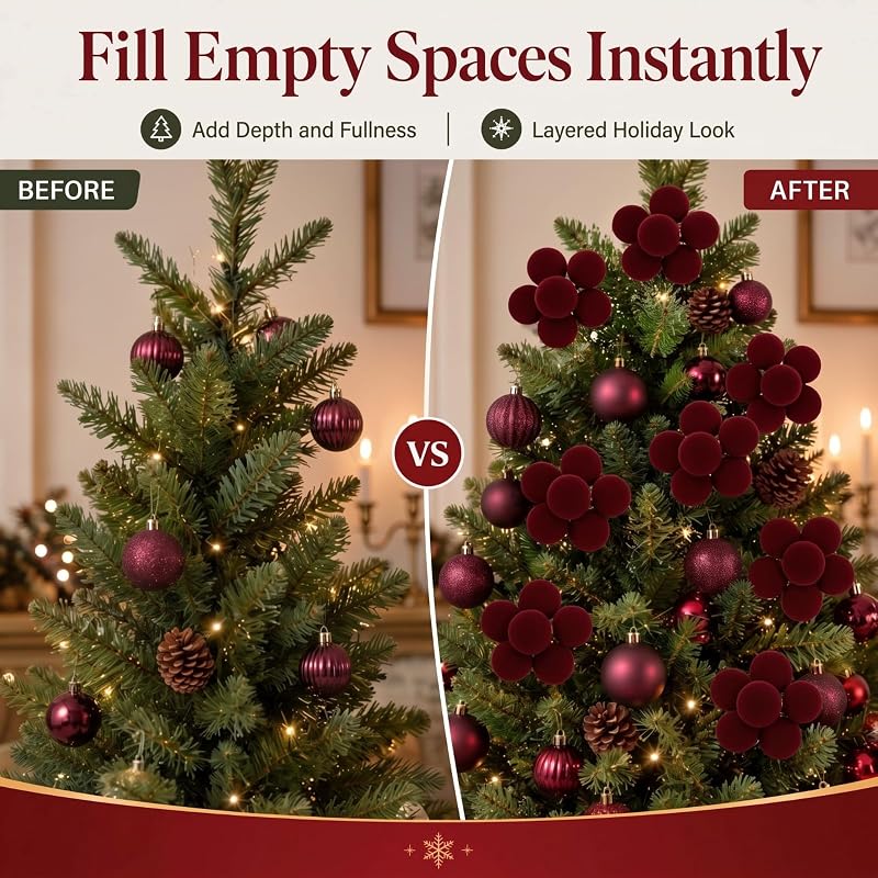 Junkin Burgundy Velvet Christmas Tree Ball Picks, 12 Packs (2-Inch Balls) Variation: Burgundy