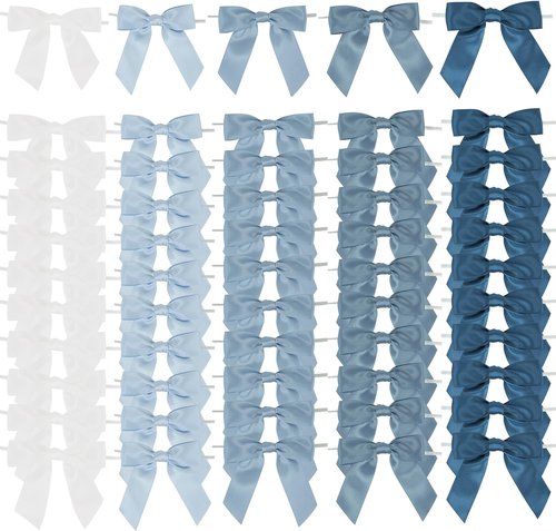 AIMUDI Satin Ribbon Bows - Dusty Blue Twist Ties for Gift Wrapping | 50 Pre-Tied Bows for Weddings & Parties