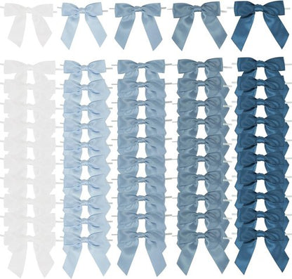 AIMUDI Satin Ribbon Bows - Dusty Blue Twist Ties for Gift Wrapping | 50 Pre-Tied Bows for Weddings & Parties