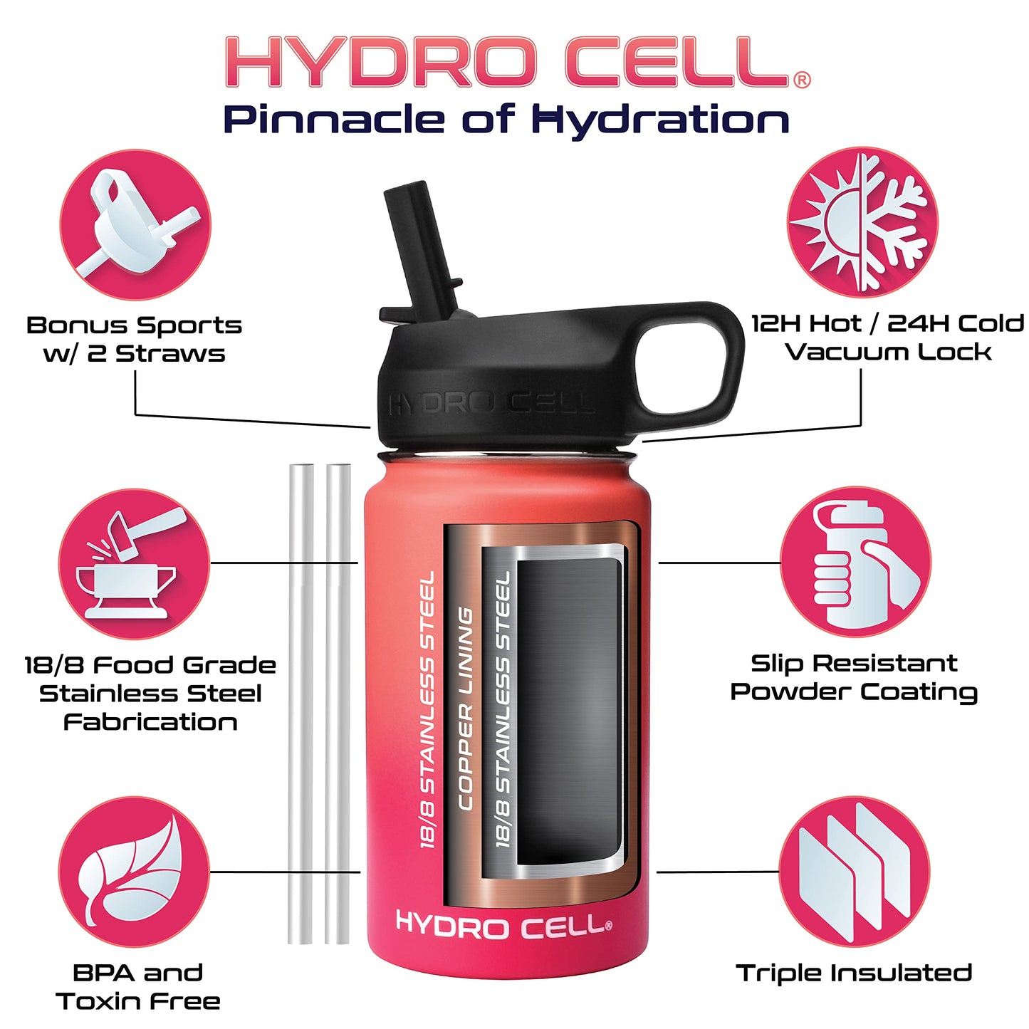 HYDRO CELL Stainless Steel Insulated Water Bottle with Straw - For Cold & Hot Drinks - Metal Vacuum Flask with Screw Cap and Modern Leakproof Sport Thermos for Kids & Adults (Coral/Punch 14oz)