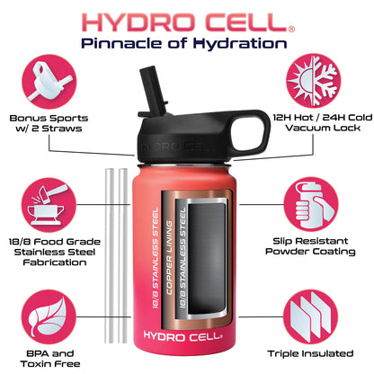 HYDRO CELL Stainless Steel Insulated Water Bottle with Straw - For Cold & Hot Drinks - Metal Vacuum Flask with Screw Cap and Modern Leakproof Sport Thermos for Kids & Adults (Coral/Punch 14oz)