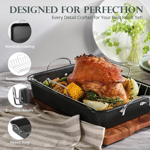 KITESSENSU Nonstick Roasting Pan - Heavy Duty Turkey Roaster with Rack | 15 x 11 Inch, Gray
