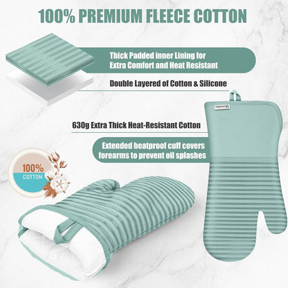 Skiennix Oven Mitts and Pot Holder Set - 500°F Heat Resistant Silicone Grip | 6 Pack Mint Green Cotton Kitchen Essentials