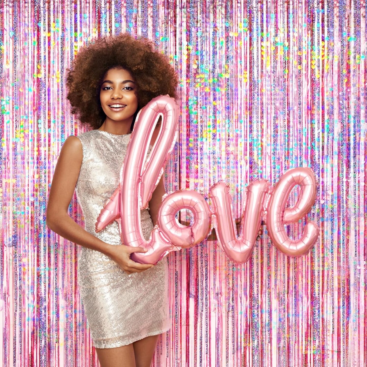 Pink Foil Fringe Curtain by [Brand Name] - 4 Pack Metallic Tinsel Backdrop for Birthday & Wedding Decor