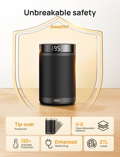 DREO Portable Electric Space Heater - 1500W PTC Ceramic with Thermostat & Digital Display | Eco Mode, Black