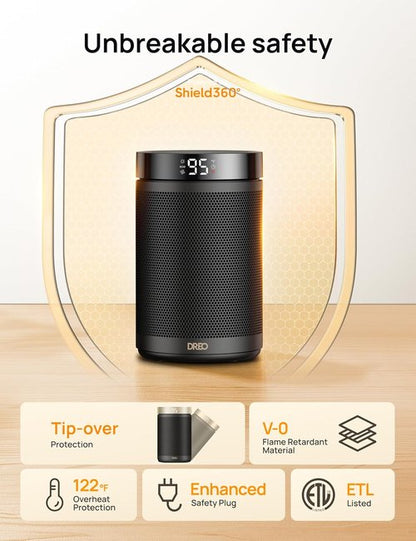 DREO Portable Electric Space Heater - 1500W PTC Ceramic with Thermostat & Digital Display | Eco Mode, Black