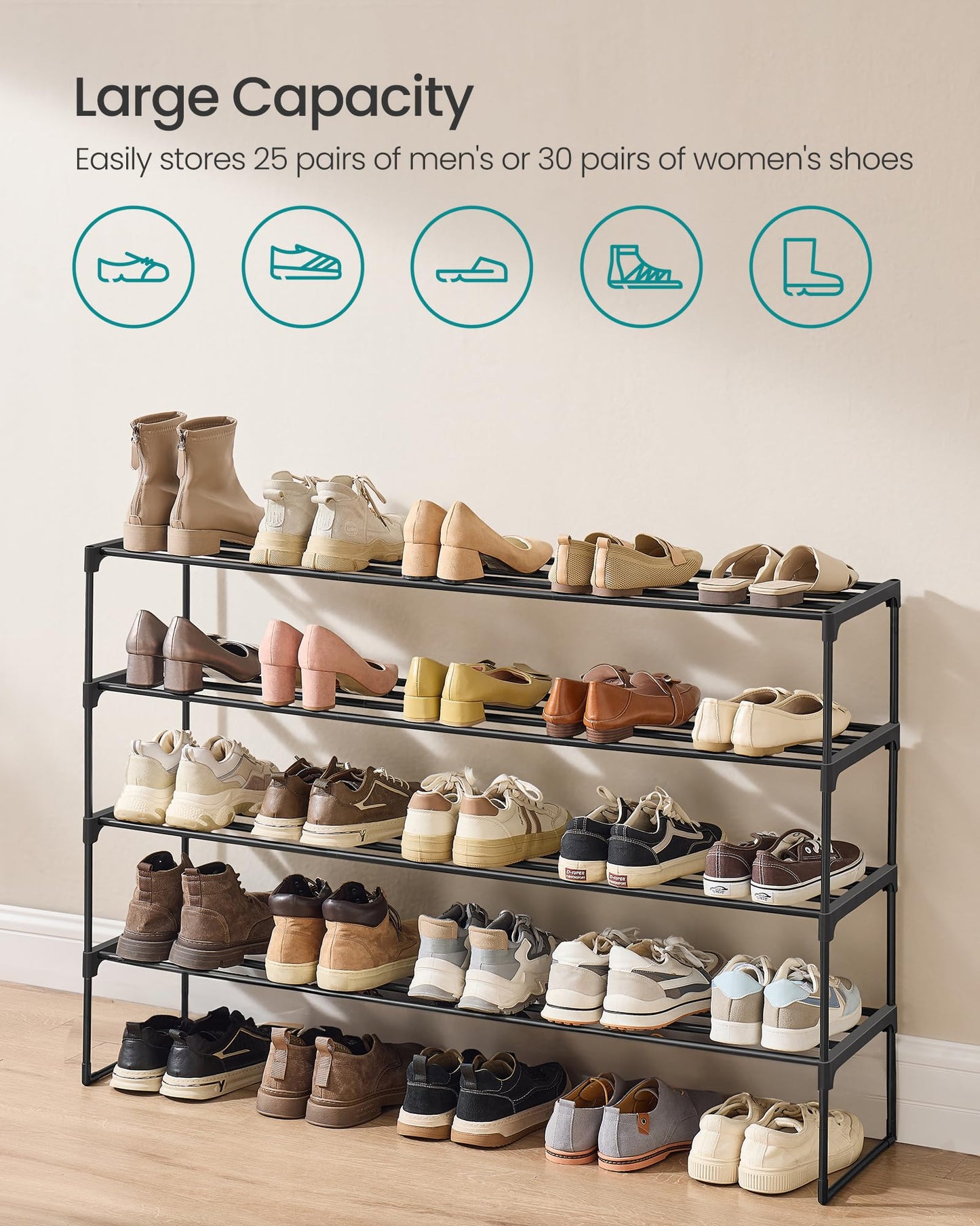 SONGMICS Shoe Rack, 4-Tier Shoe Organizer, Metal Storage Shelf, Upright or Upside Down, for 25-30 Pairs, Stackable, for Entryway, 11.8 x 46.1 x 28.4 Inches, Black ULSA034B01