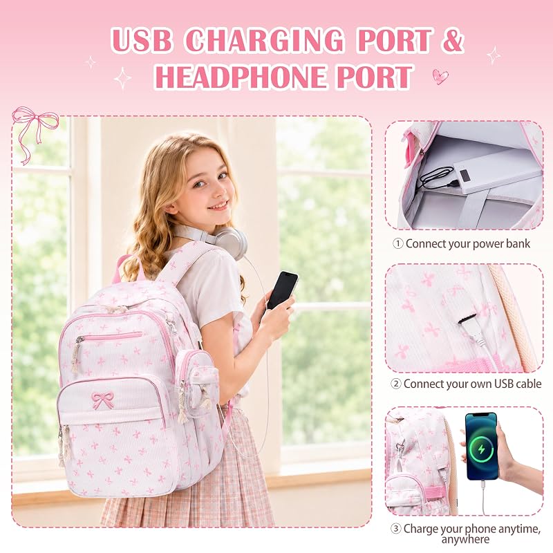 Corduroy Girls Backpack Set with Lunch Box & Pencil Pouch - Beigepink Bow (4-Piece)