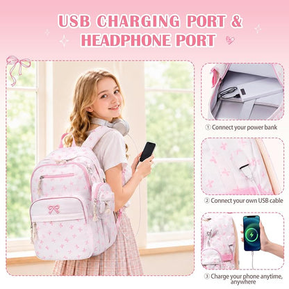 Corduroy Girls Backpack Set with Lunch Box & Pencil Pouch - Beigepink Bow (4-Piece)