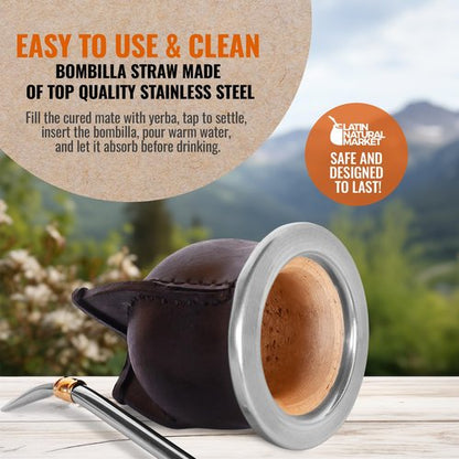 Handmade Yerba Mate Set - Cup and Bombilla with Pumpkin Gourd Kit - Mate Container - Mates Argentinos - Stainless Steel Bombilla (5.5 Approx)