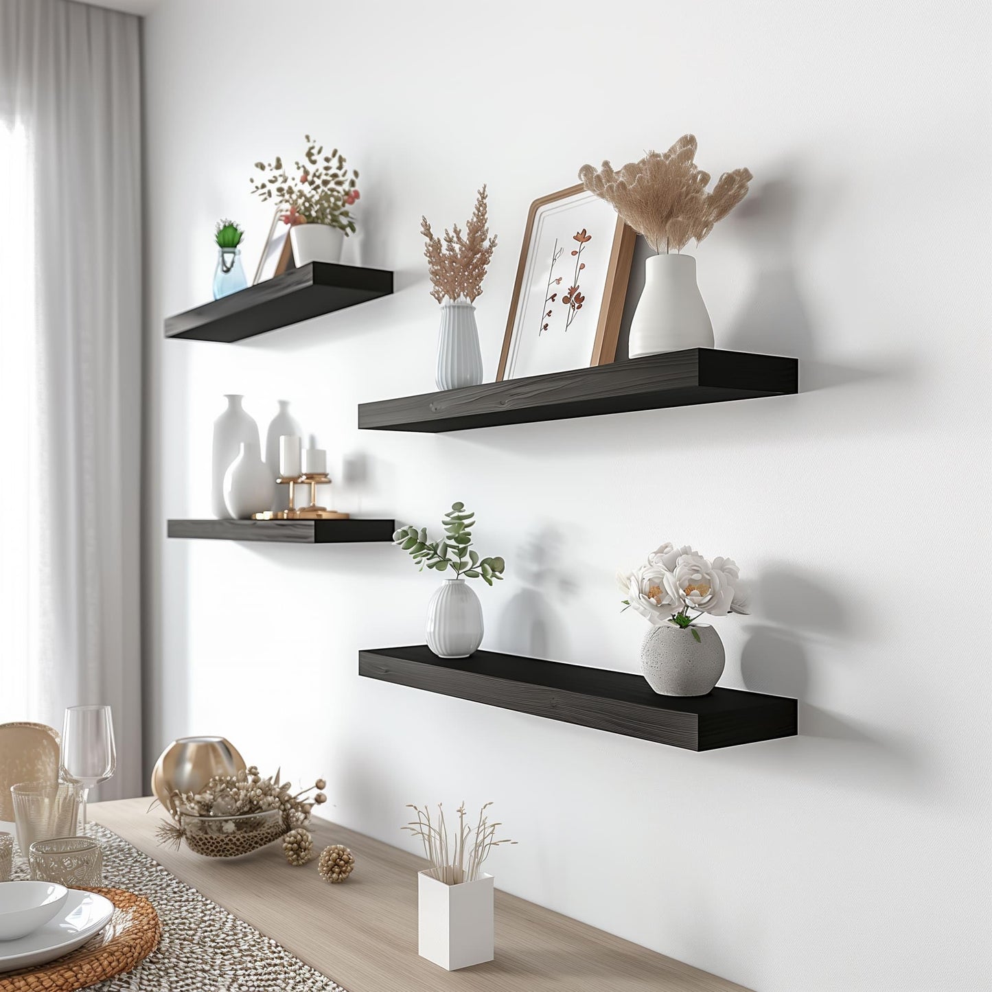 YFYEO Black Wood Floating Shelves for Wall Rustic Wall Shelf for Bedroom Living Room Set of 4