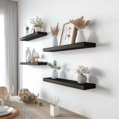 YFYEO Black Wood Floating Shelves for Wall Rustic Wall Shelf for Bedroom Living Room Set of 4
