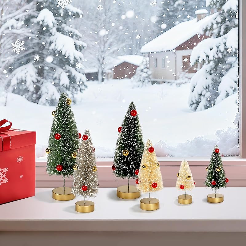 Sync-5081: 6-Pack Mini Frosted Bottle Brush Christmas Trees - Assorted Sizes