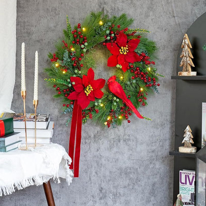 24-Inch Pre-Lit Christmas Door Wreath with Cardinal Birds & Poinsettia