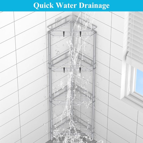 HuggieGems 4-Tier Corner Shower Caddy Organizer - Bathroom Shelf Stand Rack with Hooks, Silver