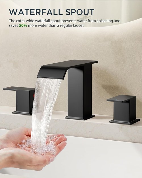 FORIOUS Bathroom Faucet - Matte Black 8-Inch Widespread Waterfall Spout with Pop-Up Drain & Water Supply