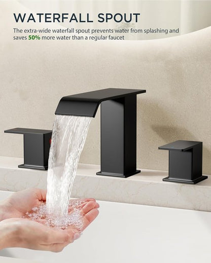 FORIOUS Bathroom Faucet - Matte Black 8-Inch Widespread Waterfall Spout with Pop-Up Drain & Water Supply