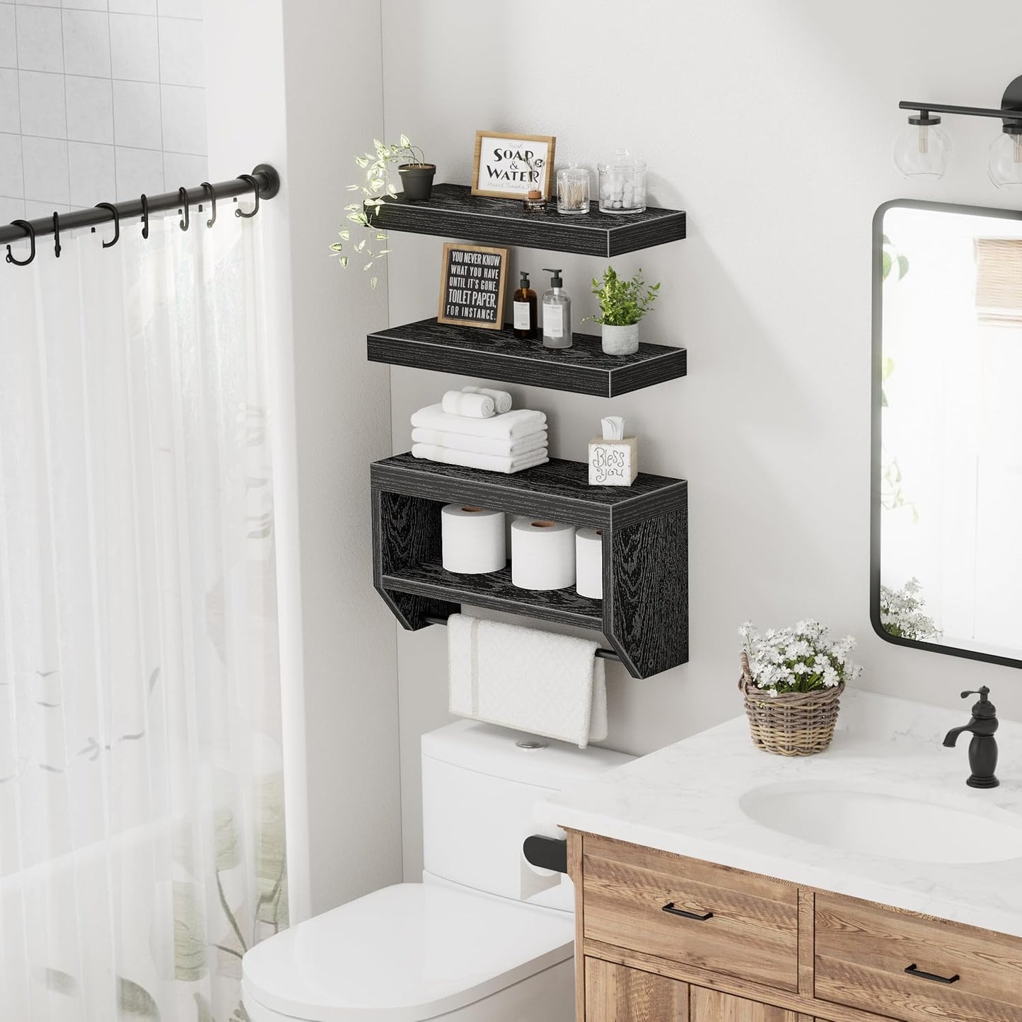 QEEIG Floating Bathroom Shelves - Stylish Wall Storage for Toilet Paper | Set of 3, 16-Inch, Black