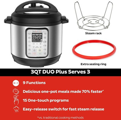 Instant Pot Duo Plus 9-in-1 Electric Pressure Cooker - Versatile Stainless Steel Design, 3 Quart Capacity | Includes 800+ Recipes