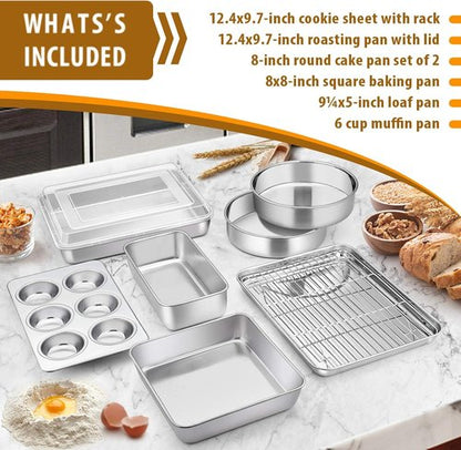 E-far Stainless Steel Baking Pan Set - 9-Piece Bakeware for Cakes, Cookies & Muffins | Dishwasher Safe