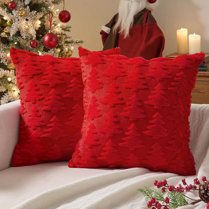 Christmas Tree Pillow Cover 18x18 Inch Red - Pack of 2 | Embroidered Tree Design