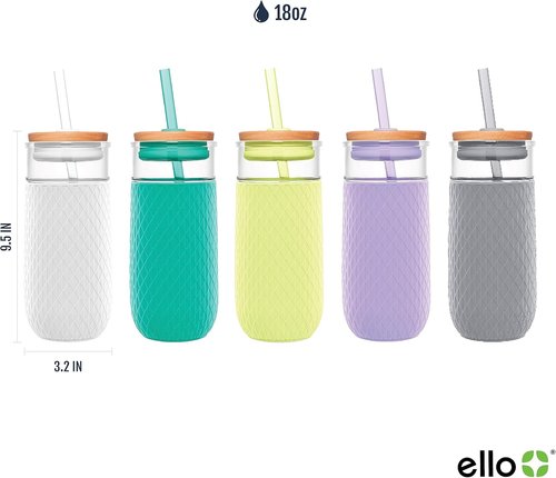 Ello Devon 18oz Glass Tumbler - Bamboo Lid & Silicone Sleeve | Ideal for Iced Coffee, Tea & Smoothies