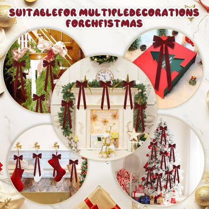 JOICEE Velvet Bows - 15Pcs Christmas Tree Decorations | Rustic Gift Ribbon Bows in Burgundy, 5 x 12 Inch