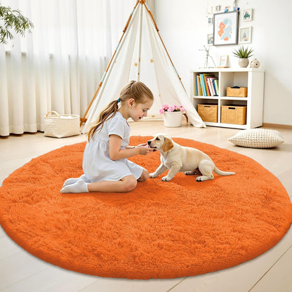 OLANLY Orange Round Area Rug - Soft, Fluffy, Machine Washable 8 ft Circle Carpet for Bedroom & Living Room