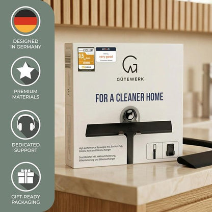 GÜTEWERK Silicone Shower Squeegee - Streak-Free Glass & Mirror Cleaner | 3-in-1 No-Drill Mount, Black, 13 Inches