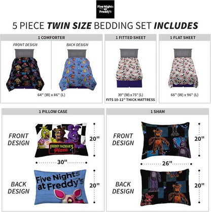 Franco Kids Bedding | Super Soft Twin Comforter & Sheet Set with Sham | Five Nights At Freddy's, 5 Pieces