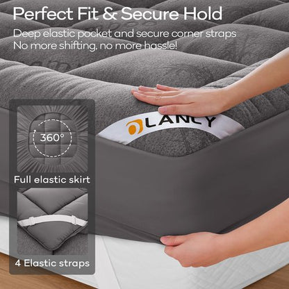 OLANLY Queen Mattress Topper – Viscose Made from Bamboo, Cooling Soft Queen Pillow Top Mattress Pad for Back Pain Relief, Plush Down Alternative Fill Bed Topper with Elastic Deep Pocket, Light Gray