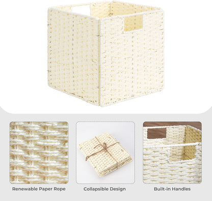StorageWorks Wicker Baskets - Handwoven Organizing Cubes with Handles, Foldable Beige, 2 Pack