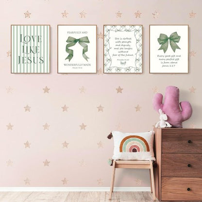 LARTSFRO Coquette Green Bow Wall Art Decor - Inspirational Bible Verses | Set of 4 Unframed 10x8 Inch Pictures for Christian Room Aesthetic