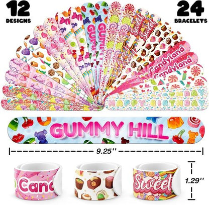 Candyland | 60 PCS Party Favors Set - 36 Temporary Tattoos & 24 Slap Bracelets for Kids, Ideal for Sweet-Themed Celebrations