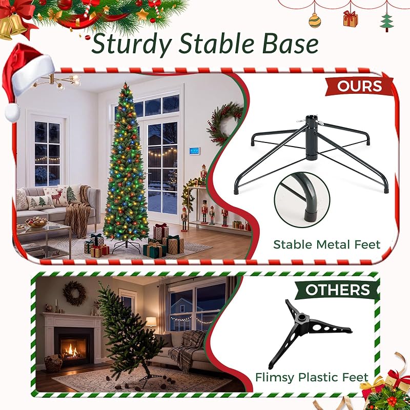NEWBULIG 9 ft Pencil Christmas Tree - Green with Multicolor LED Lights, 1100 Tips, 8 Modes, Slim Pre-Lit