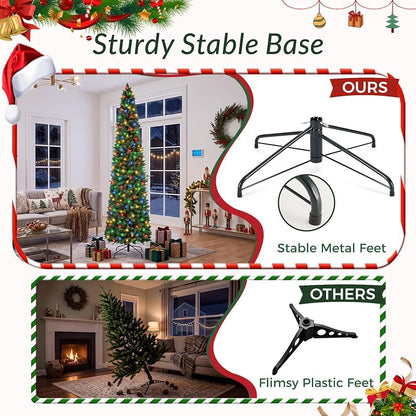 NEWBULIG 9 ft Pencil Christmas Tree - Green with Multicolor LED Lights, 1100 Tips, 8 Modes, Slim Pre-Lit
