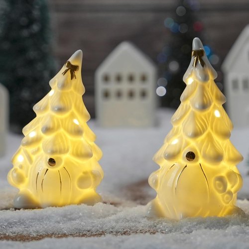 AOMOONOA Ceramic Christmas Tree Gnome - Lighted Tabletop Decoration for Indoor Holiday Decor - White