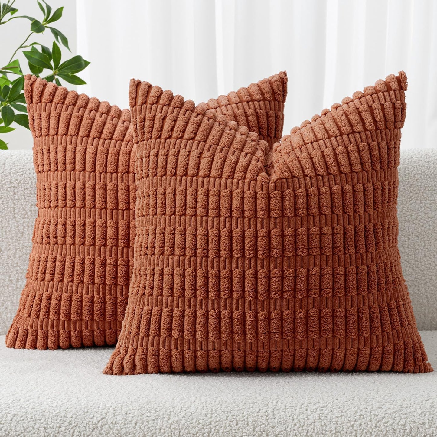MIULEE Decorative Pillow Covers - Pack of 2 Soft Dark Rust Corduroy | 18x18 Inch Boho Striped Design for Modern Farmhouse Decor