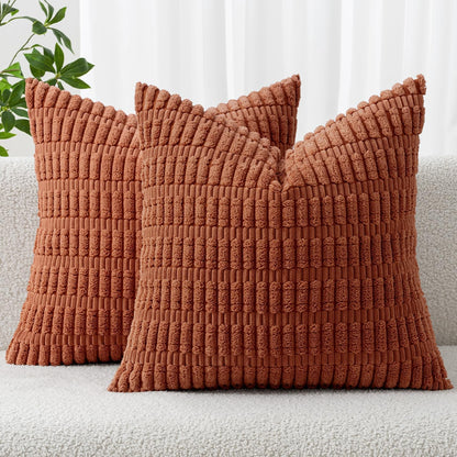 MIULEE Decorative Pillow Covers - Pack of 2 Soft Dark Rust Corduroy | 18x18 Inch Boho Striped Design for Modern Farmhouse Decor