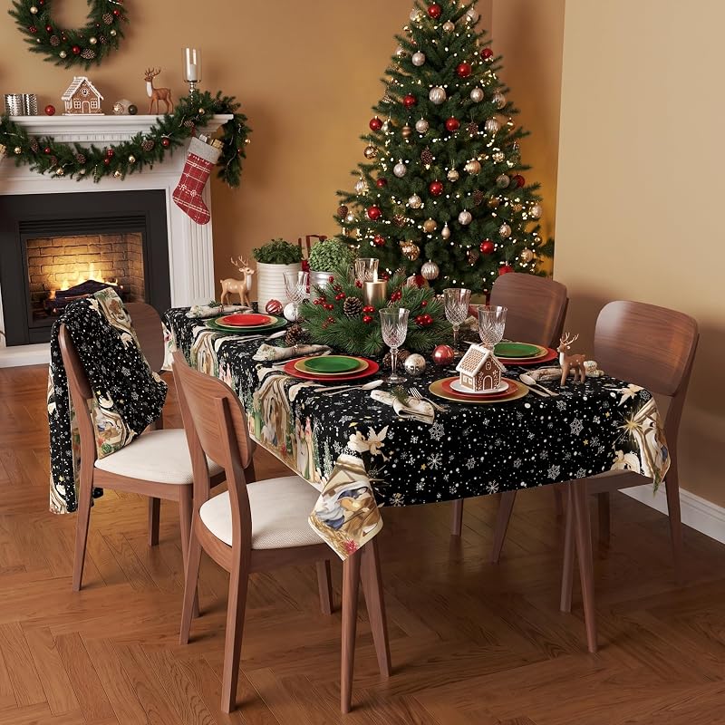 Christmas Nativity Tablecloth 60 x 120 Inch Rectangular - Black Snowflake Star Angel Manger Border