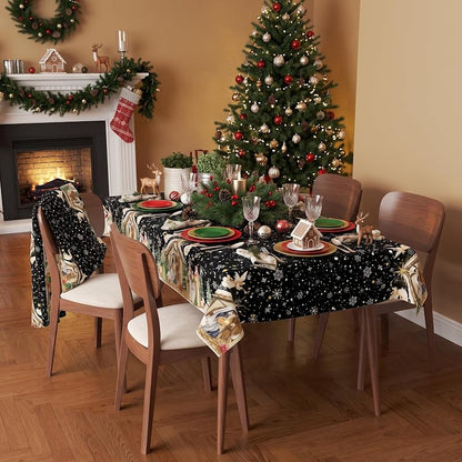 Christmas Nativity Tablecloth 60 x 120 Inch Rectangular - Black Snowflake Star Angel Manger Border
