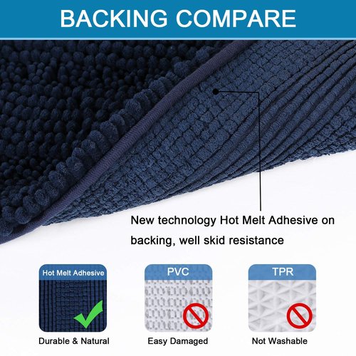 H.VERSAILTEX Bath Mats for Bathroom Non Slip Extra Thick Chenille Striped Bath Rug 24" x 36" Absorbent Non Skid Fluffy Soft Shaggy Rugs Washable Dry Fast Plush Mats for Indoor, Bath Room, Tub - Navy