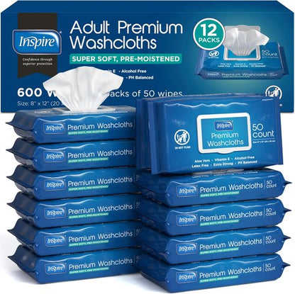 Inspire Adult Wet Wipes - Incontinence & Cleansing Wash Cloths for Elderly | 8"x12", Pack of 50