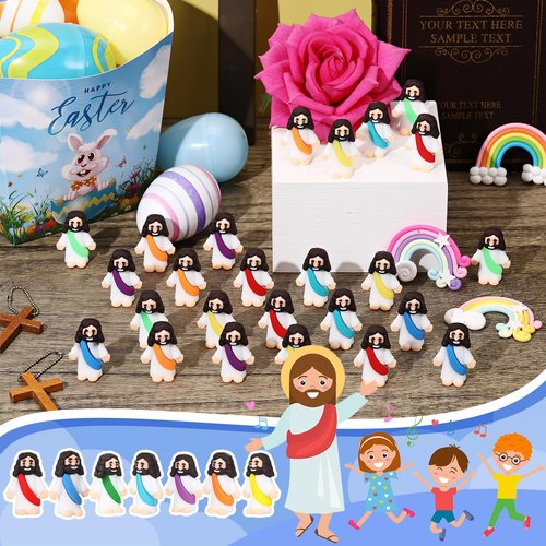 Bememo 25 Pcs Little Jesus Figures Original Design Mini Rubber Jesus Figurine to Hide and Seek Religious Party Favors Sunday Baptism Gifts(Rainbow Colors)