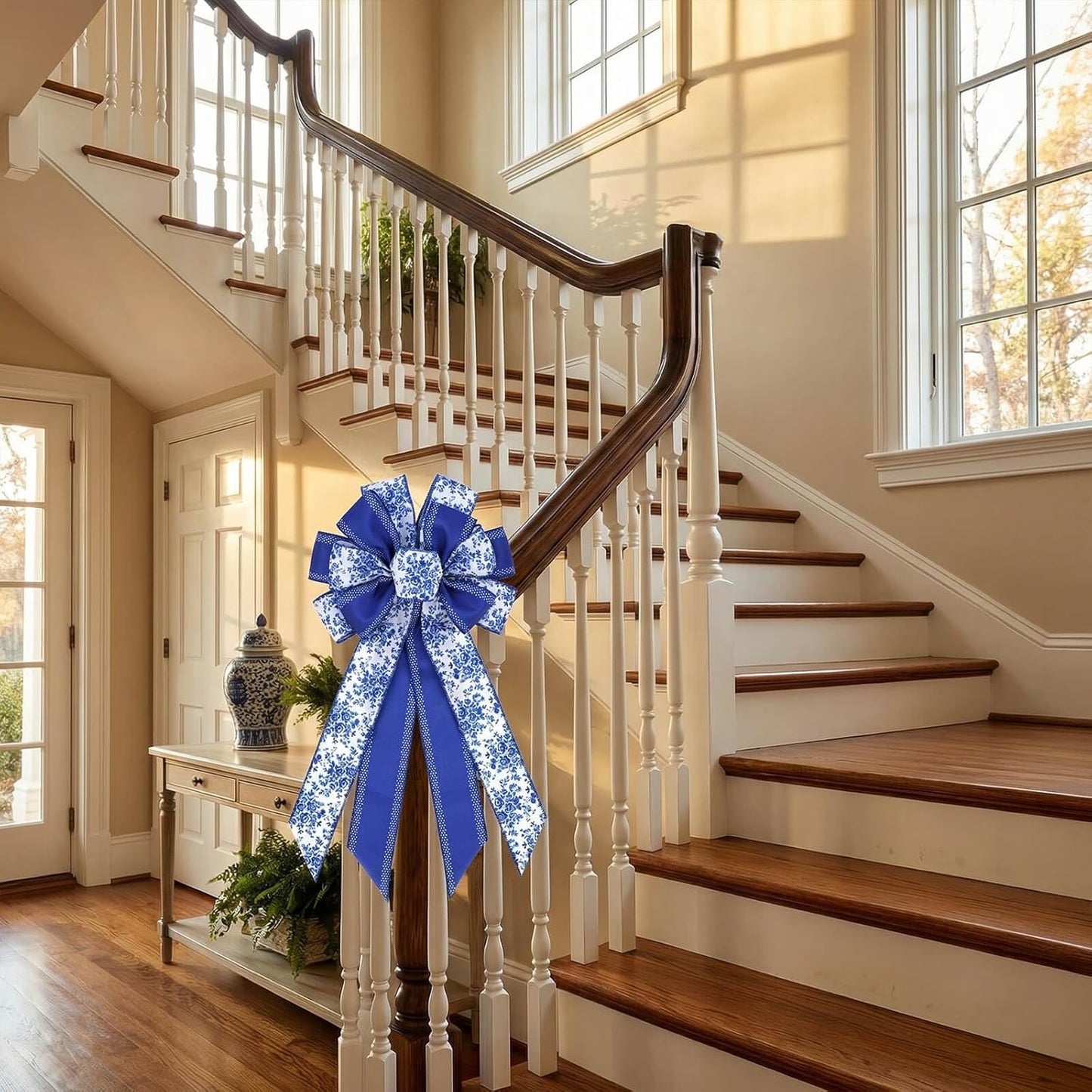 Chinoiserie Wreath Bow by Blue - 21-Inch Large Spring Floral Wired Ribbon for Front Door Decor