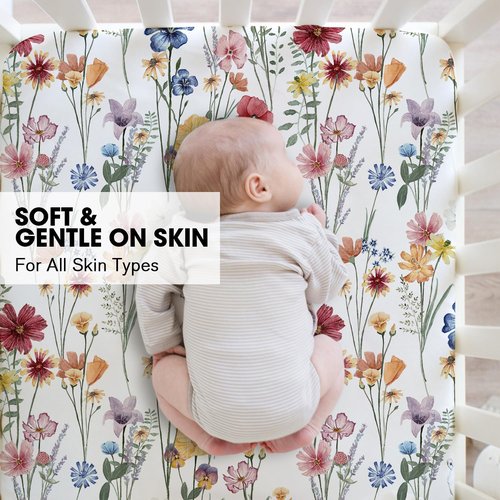 Little Grape Land Crib Sheets - Super Soft 2-Pack Fitted Sheets for Standard Crib & Toddler Mattress | Spring Flower & Beige