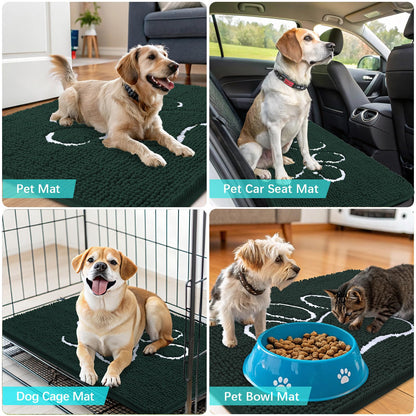 OLANLY Dog Door Mat for Muddy Paws 47x32, Paw Print Design, Absorbs Moisture and Dirt, Absorbent Non-Slip Washable Doormat, Quick Dry Chenille Mud Mat, Entry Indoor Entryway Carpet, Blackish Green