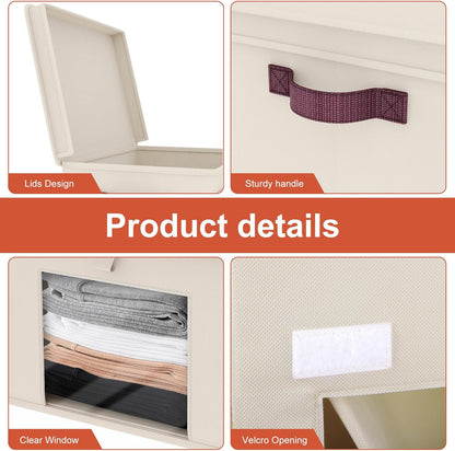 Univivi Storage Bins - Large Foldable Fabric Organizers with Lids & Handles | 4 Pack, Beige (16.5" x 12" x 12")