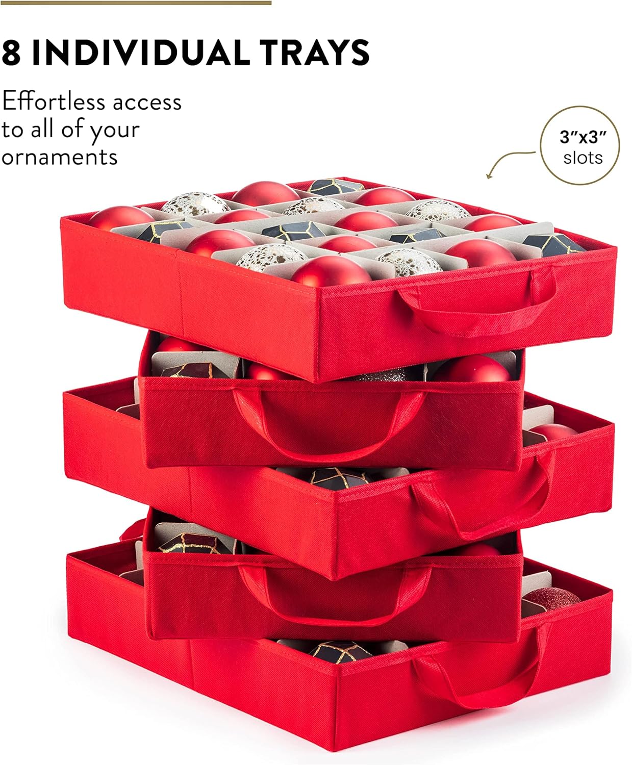 ZOBER Christmas Ornament Storage Box - Organizes 200 3" Ornaments with Individual Trays - Durable 600D Oxford Fabric (Red)
